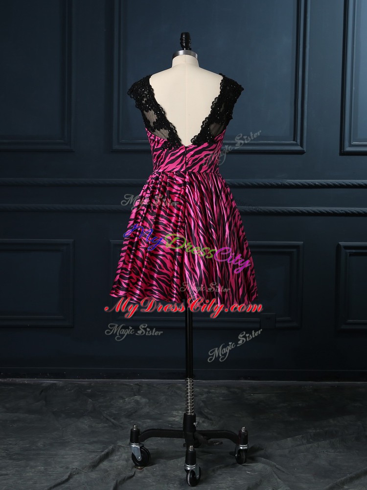 Hot Pink A-line Printed Scoop Cap Sleeves Lace Mini Length Backless Evening Dress