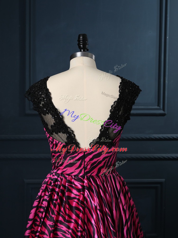 Hot Pink A-line Printed Scoop Cap Sleeves Lace Mini Length Backless Evening Dress