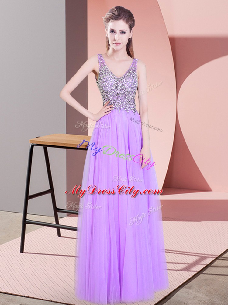 V-neck Sleeveless Prom Dress Floor Length Beading Lavender Tulle
