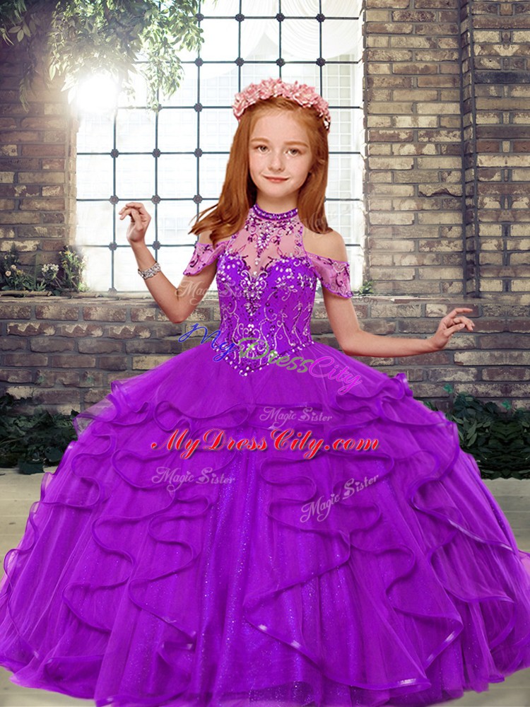 Sleeveless Floor Length Beading and Ruffles Lace Up Little Girls Pageant Dress with Purple