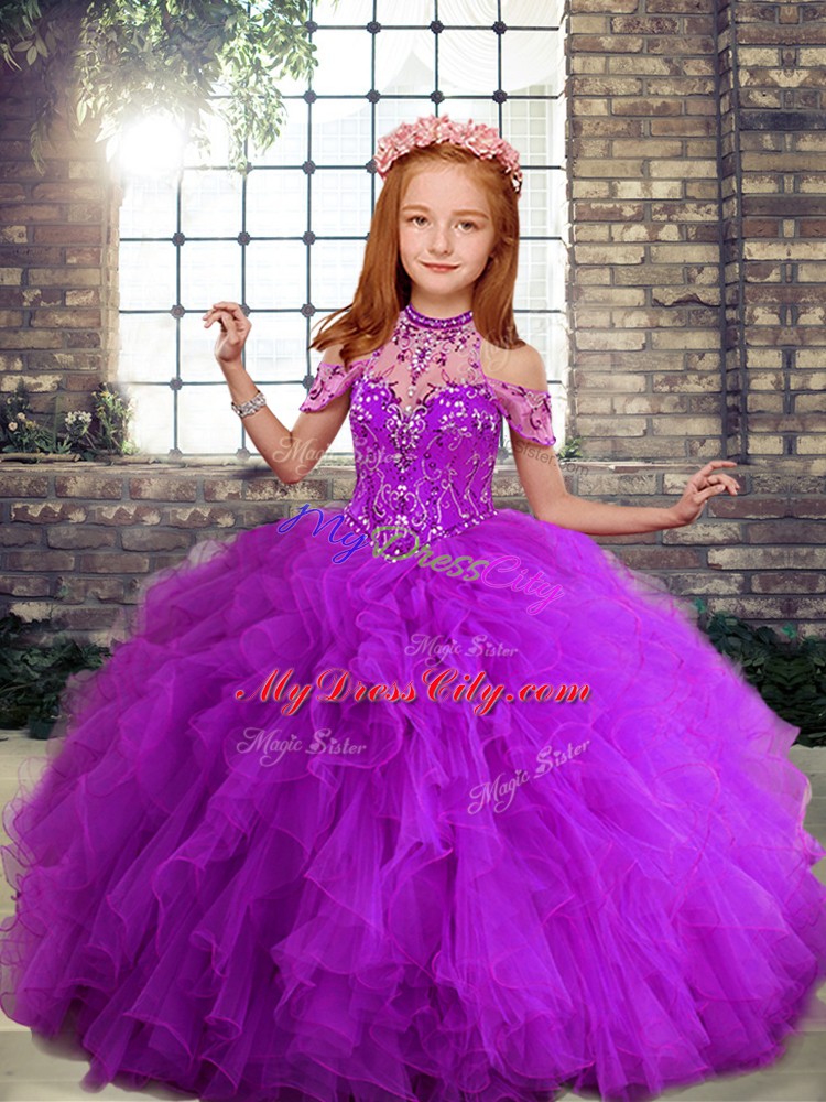 Attractive Straps Sleeveless Lace Up Child Pageant Dress Purple Tulle