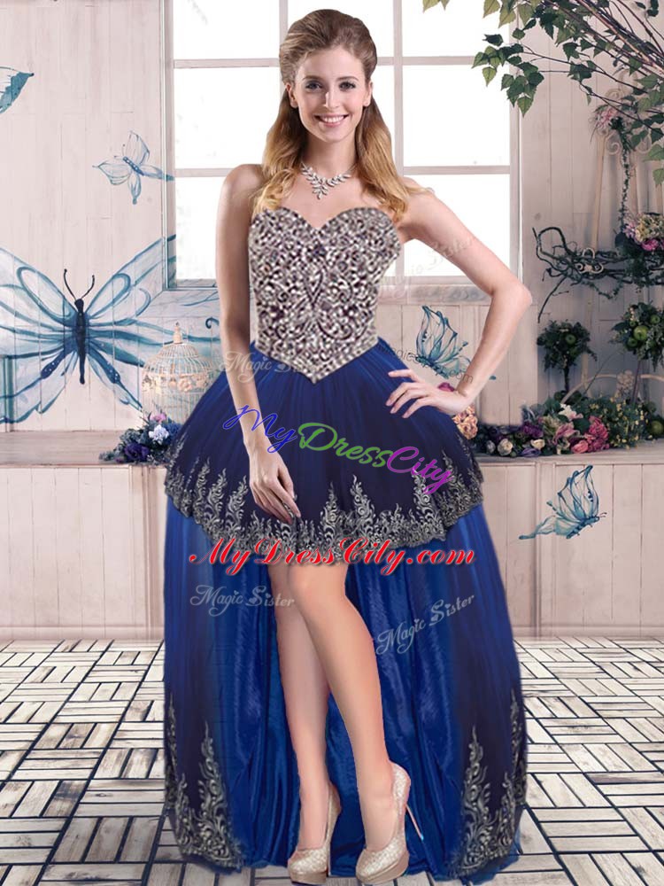 Designer A-line Celebrity Dresses Royal Blue Sweetheart Tulle Sleeveless High Low Lace Up