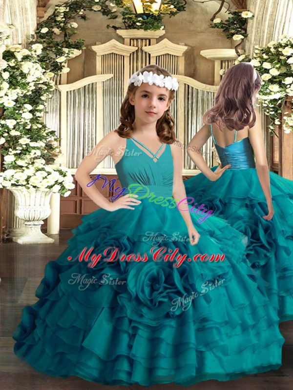 Sleeveless Ruffled Layers and Hand Made Flower Zipper Girls Pageant Dresses