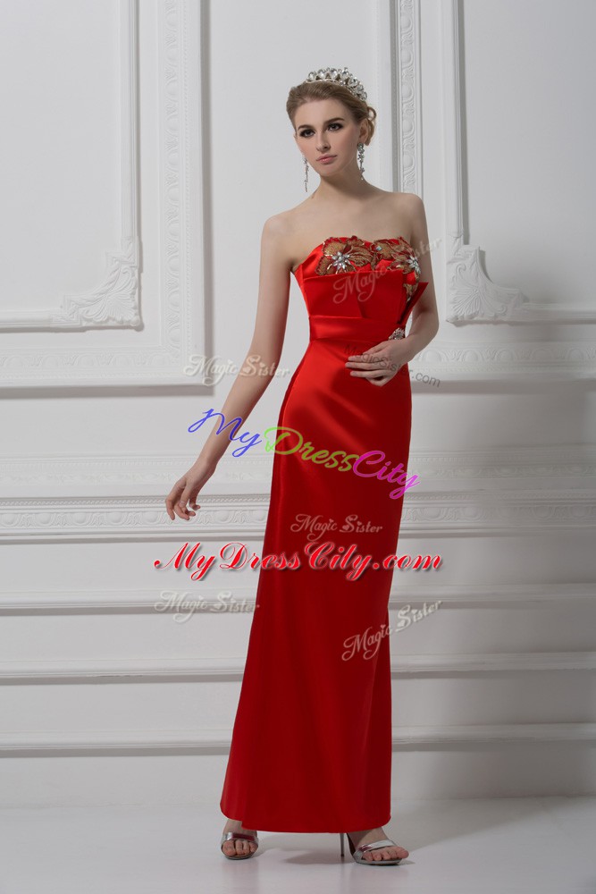 Smart Ankle Length Lace Up Runway Inspired Dress Red for Prom and Party and Military Ball with Beading and Appliques