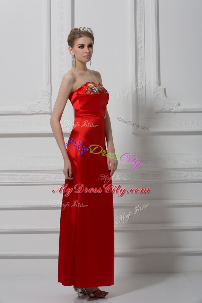 Smart Ankle Length Lace Up Runway Inspired Dress Red for Prom and Party and Military Ball with Beading and Appliques