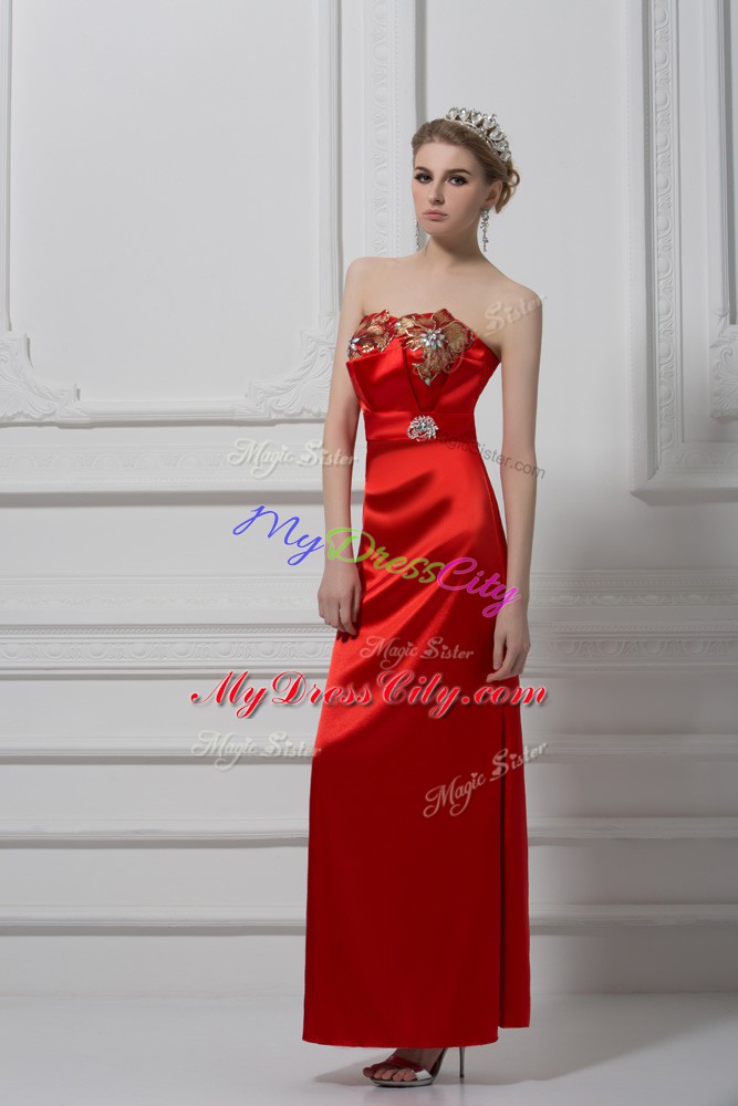 Smart Ankle Length Lace Up Runway Inspired Dress Red for Prom and Party and Military Ball with Beading and Appliques