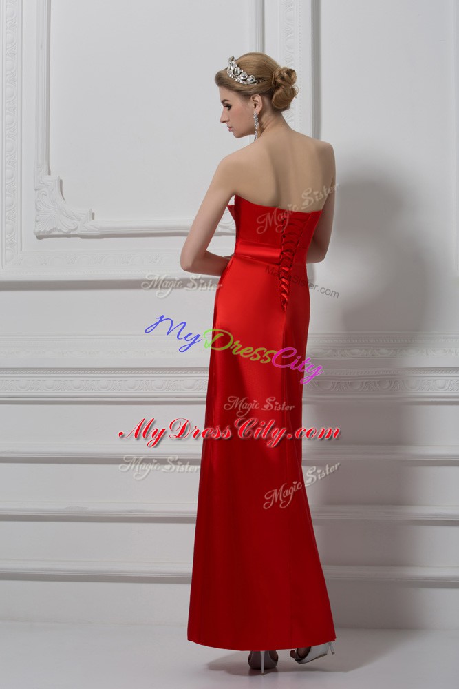 Smart Ankle Length Lace Up Runway Inspired Dress Red for Prom and Party and Military Ball with Beading and Appliques