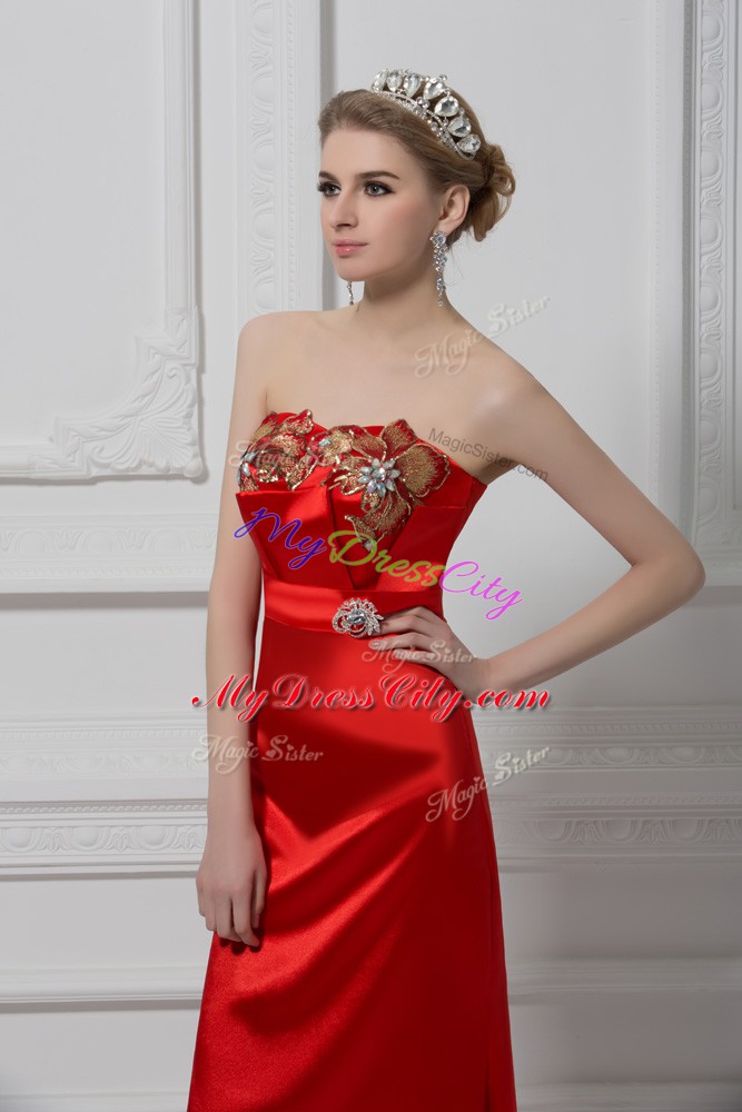 Smart Ankle Length Lace Up Runway Inspired Dress Red for Prom and Party and Military Ball with Beading and Appliques