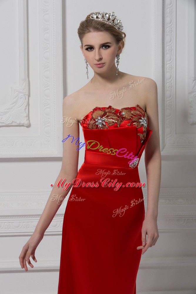 Smart Ankle Length Lace Up Runway Inspired Dress Red for Prom and Party and Military Ball with Beading and Appliques