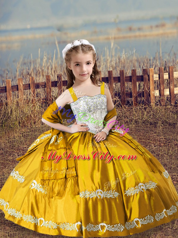 Beading and Embroidery Pageant Dress for Girls Gold Lace Up Sleeveless Floor Length