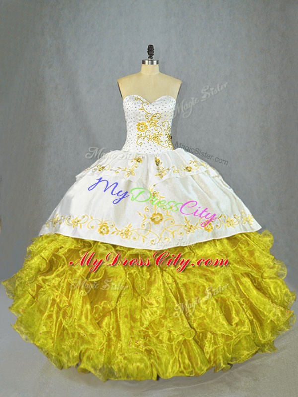 Sleeveless Brush Train Lace Up Beading and Embroidery and Ruffles Quince Ball Gowns