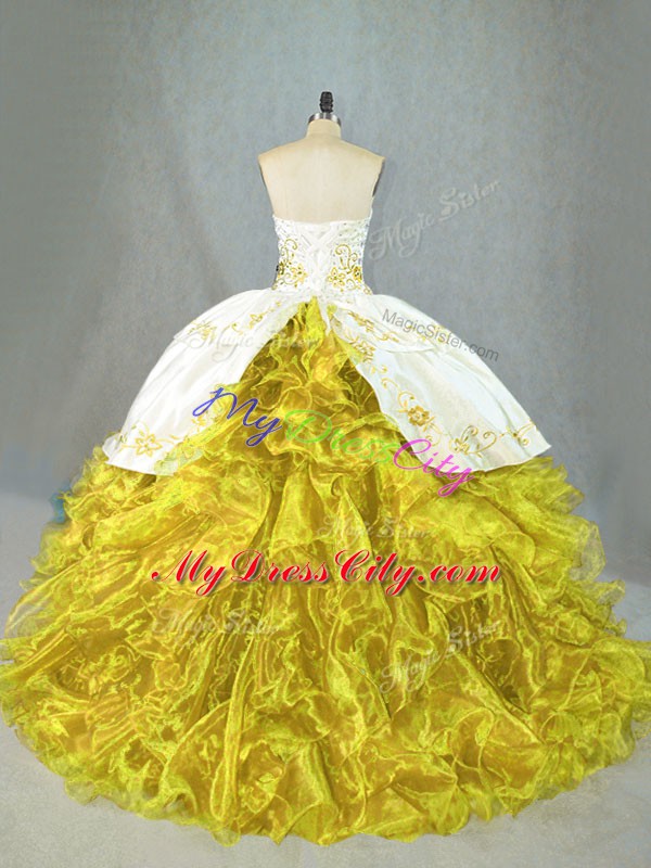 Sleeveless Brush Train Lace Up Beading and Embroidery and Ruffles Quince Ball Gowns