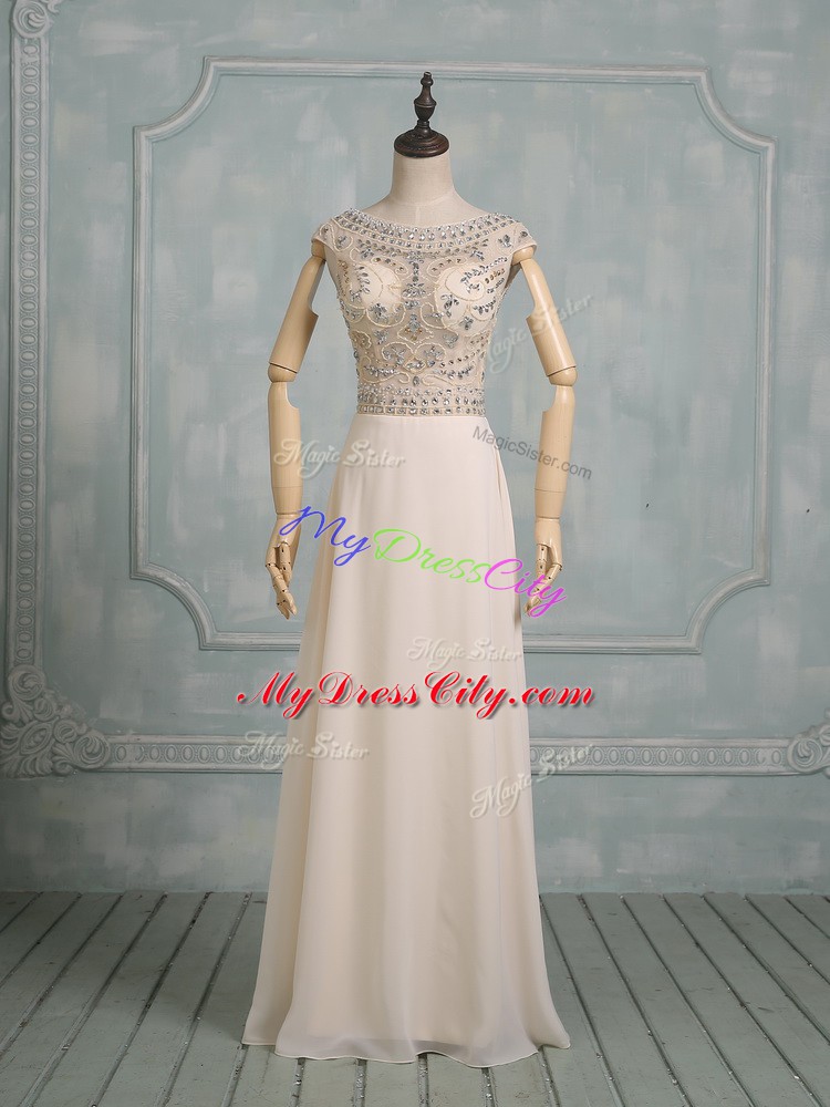 Modern Champagne Chiffon Zipper Scoop Cap Sleeves Floor Length Wedding Gown Beading