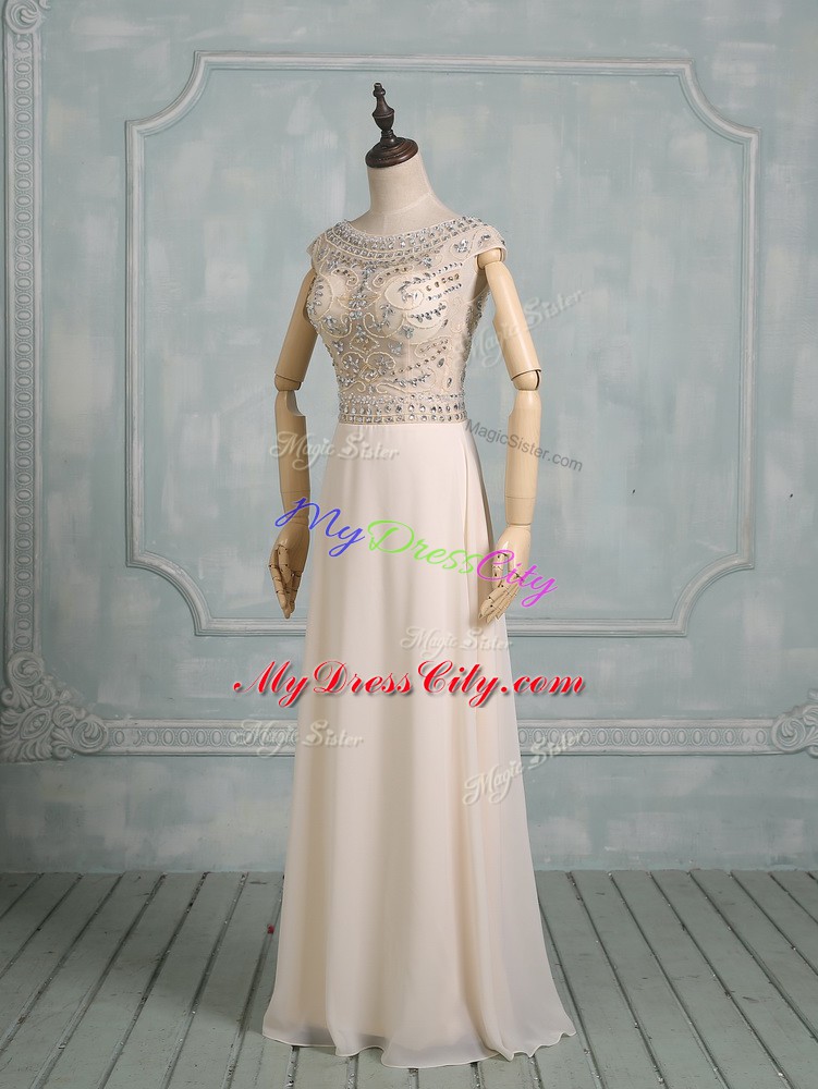 Modern Champagne Chiffon Zipper Scoop Cap Sleeves Floor Length Wedding Gown Beading