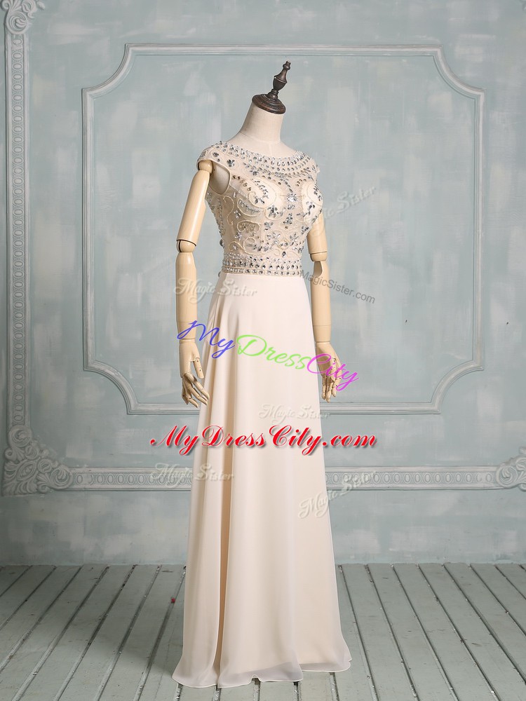 Modern Champagne Chiffon Zipper Scoop Cap Sleeves Floor Length Wedding Gown Beading