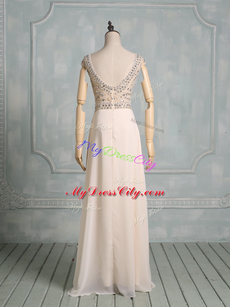 Modern Champagne Chiffon Zipper Scoop Cap Sleeves Floor Length Wedding Gown Beading