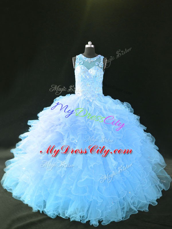 Captivating Ball Gowns Sweet 16 Dress Blue and Light Blue Scoop Organza Sleeveless Lace Up