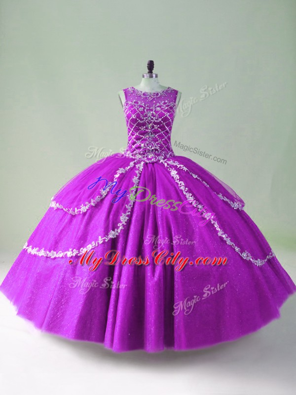 Simple Floor Length Purple Quince Ball Gowns Scoop Sleeveless Zipper