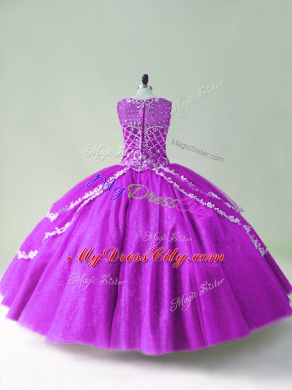 Simple Floor Length Purple Quince Ball Gowns Scoop Sleeveless Zipper