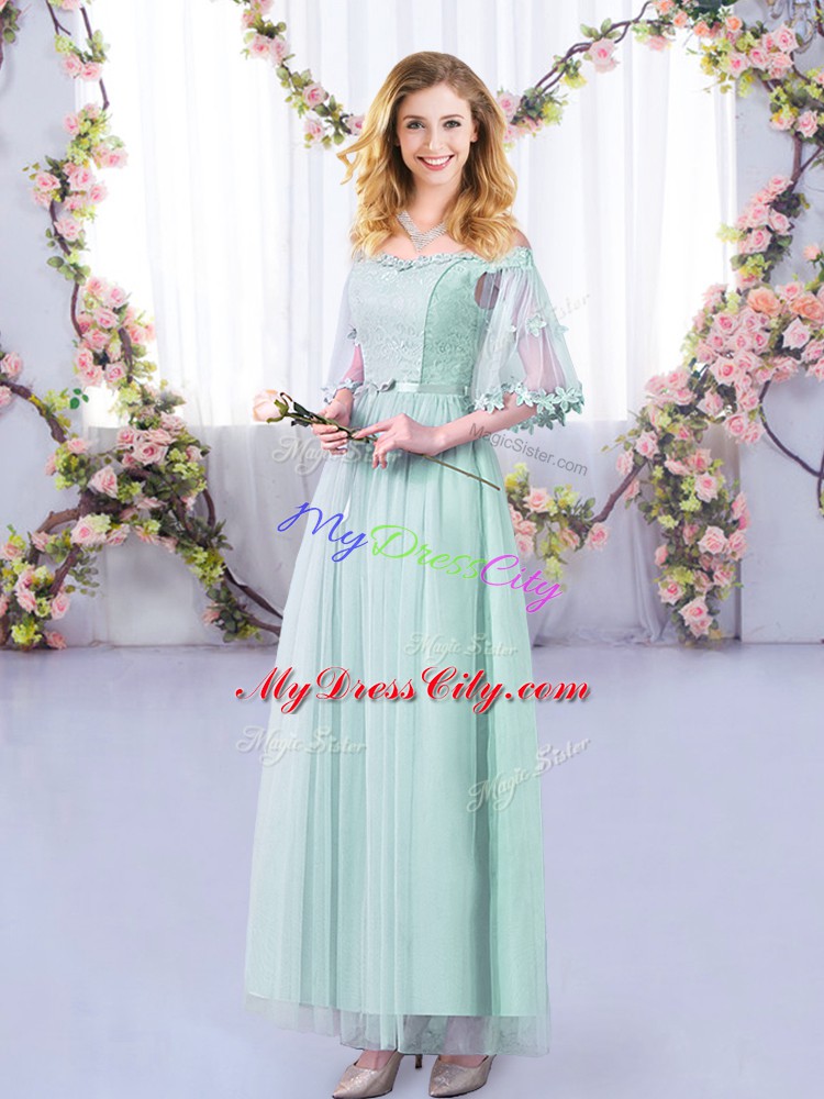 Off The Shoulder Half Sleeves Wedding Guest Dresses Floor Length Lace and Belt Light Blue Tulle