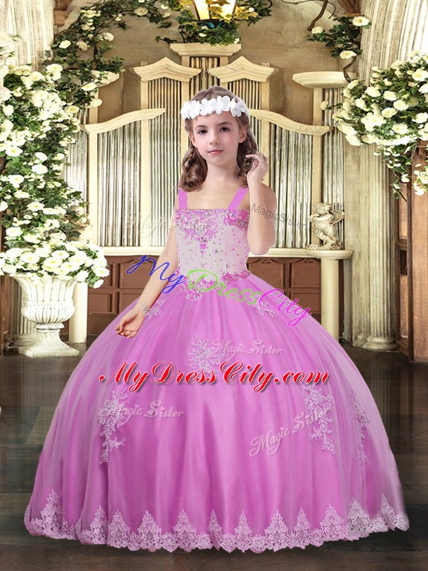 Straps Sleeveless Tulle Little Girl Pageant Dress Appliques Lace Up