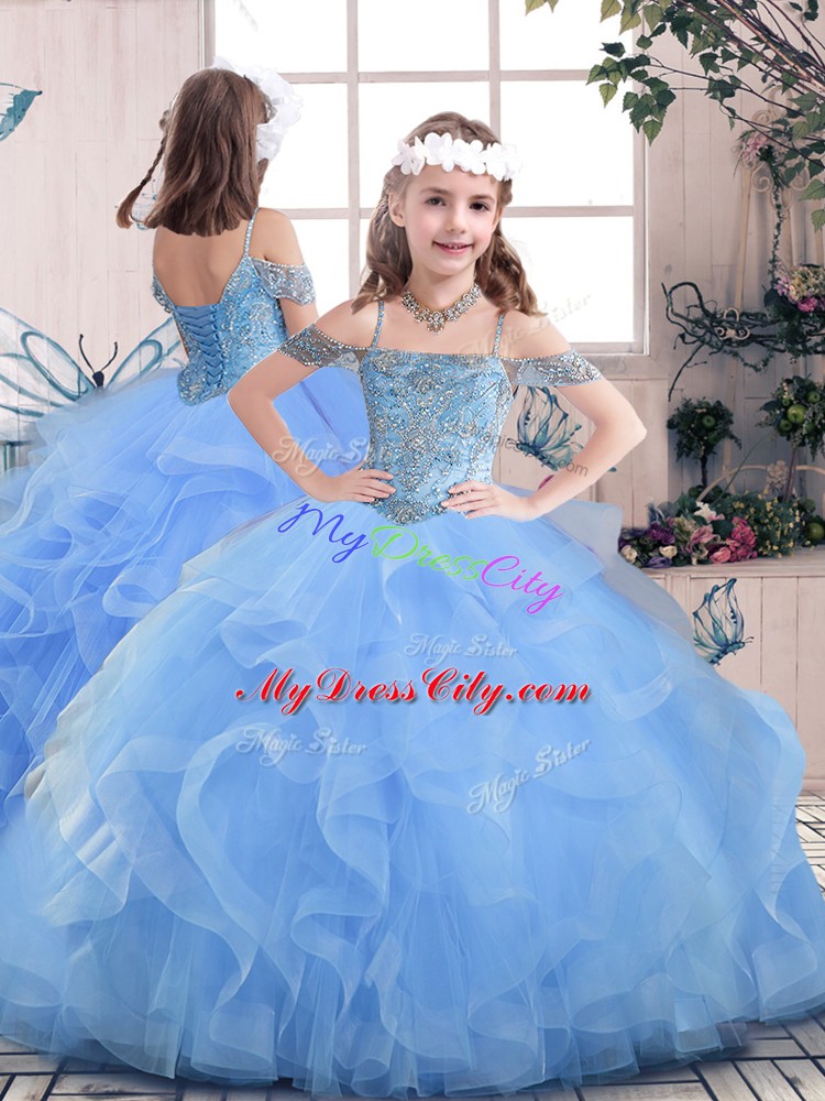 Blue Ball Gowns Beading Girls Pageant Dresses Lace Up Tulle Sleeveless Floor Length