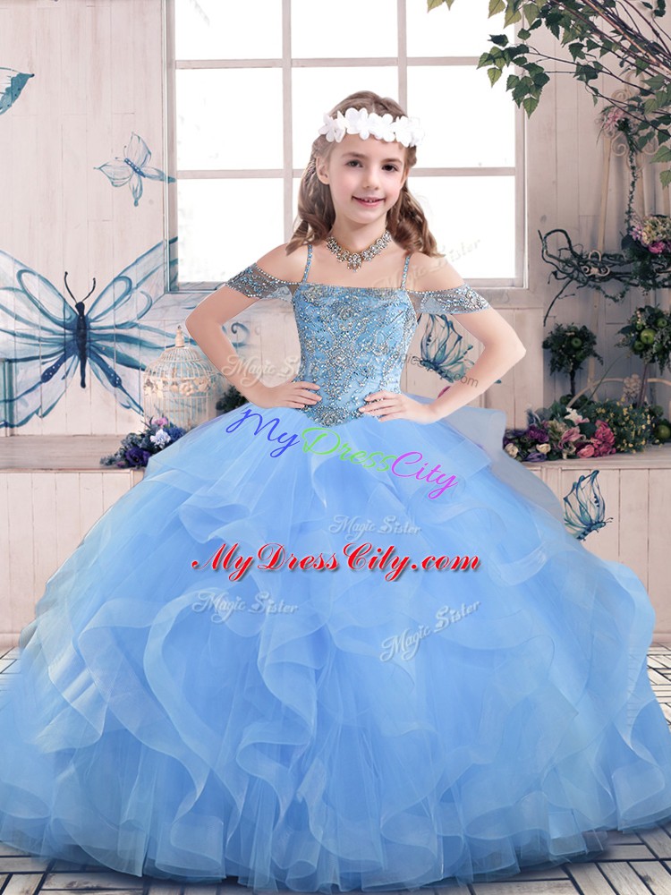 Blue Ball Gowns Beading Girls Pageant Dresses Lace Up Tulle Sleeveless Floor Length