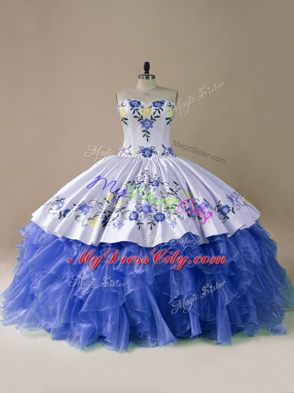 High Class Blue And White Sleeveless Satin and Organza Brush Train Lace Up Sweet 16 Dresses for Sweet 16 and Quinceanera