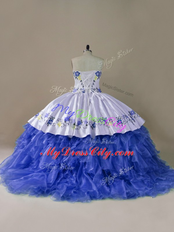 High Class Blue And White Sleeveless Satin and Organza Brush Train Lace Up Sweet 16 Dresses for Sweet 16 and Quinceanera