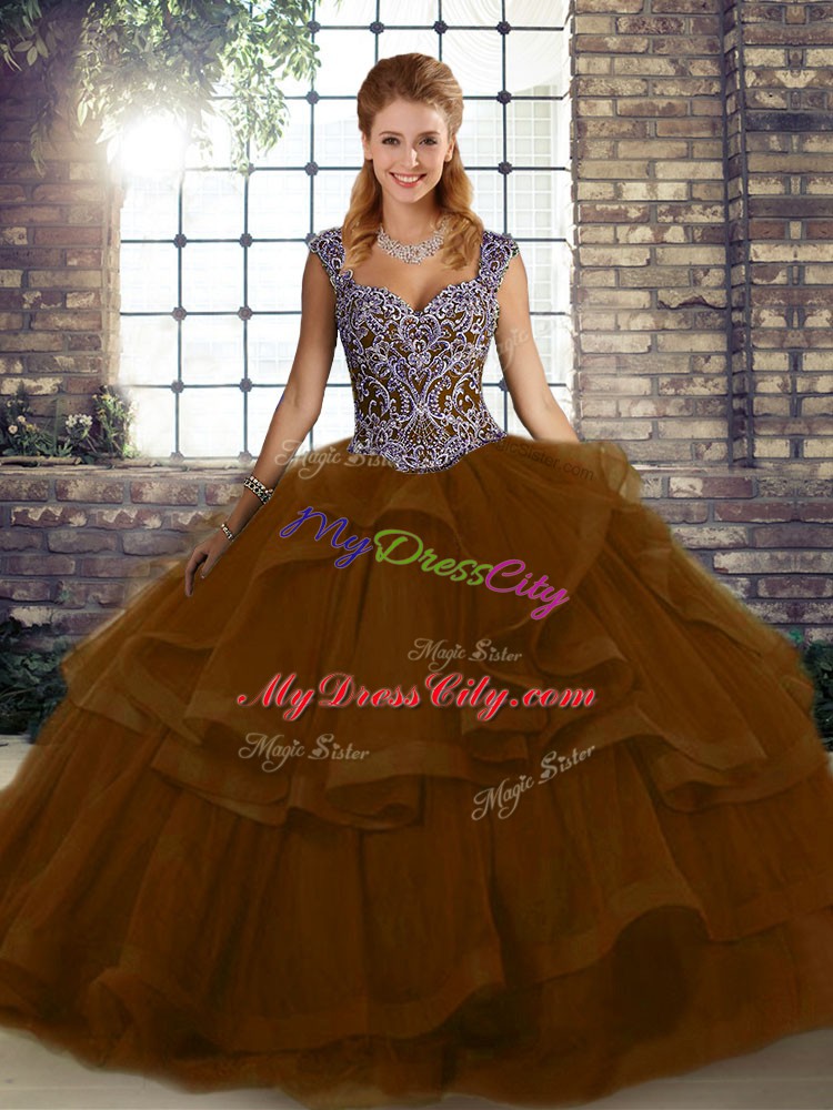 Fashion Brown Straps Neckline Beading and Ruffles Sweet 16 Dresses Sleeveless Lace Up