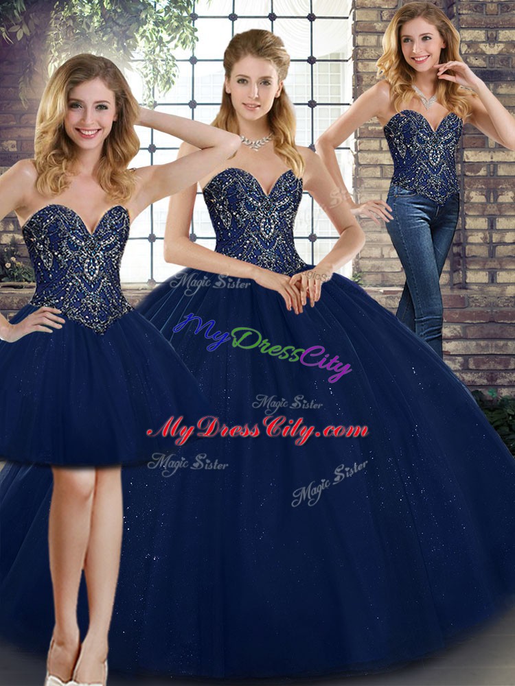 Navy Blue Quinceanera Gown Military Ball and Sweet 16 and Quinceanera with Beading Sweetheart Sleeveless Lace Up