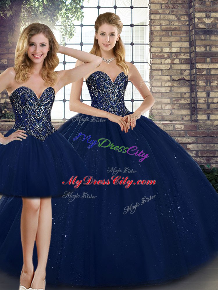 Navy Blue Quinceanera Gown Military Ball and Sweet 16 and Quinceanera with Beading Sweetheart Sleeveless Lace Up