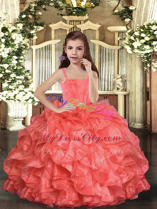 Dramatic Sleeveless Floor Length Ruffles Lace Up Little Girl Pageant Dress with Coral Red