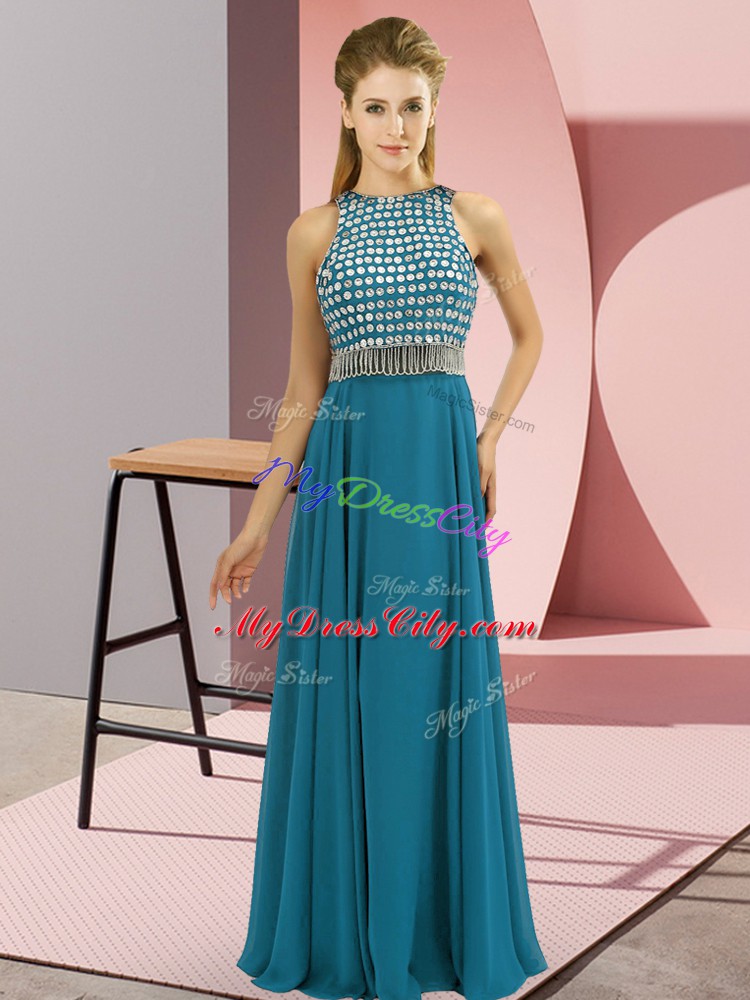 Graceful Scoop Sleeveless Floor Length Beading Teal Chiffon