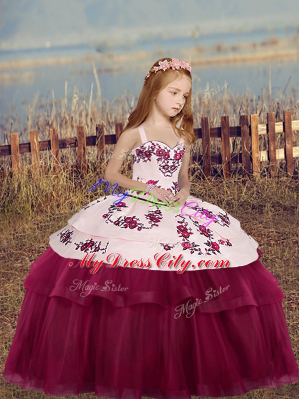 Ball Gowns Pageant Gowns For Girls Fuchsia Straps Tulle Sleeveless Floor Length Side Zipper