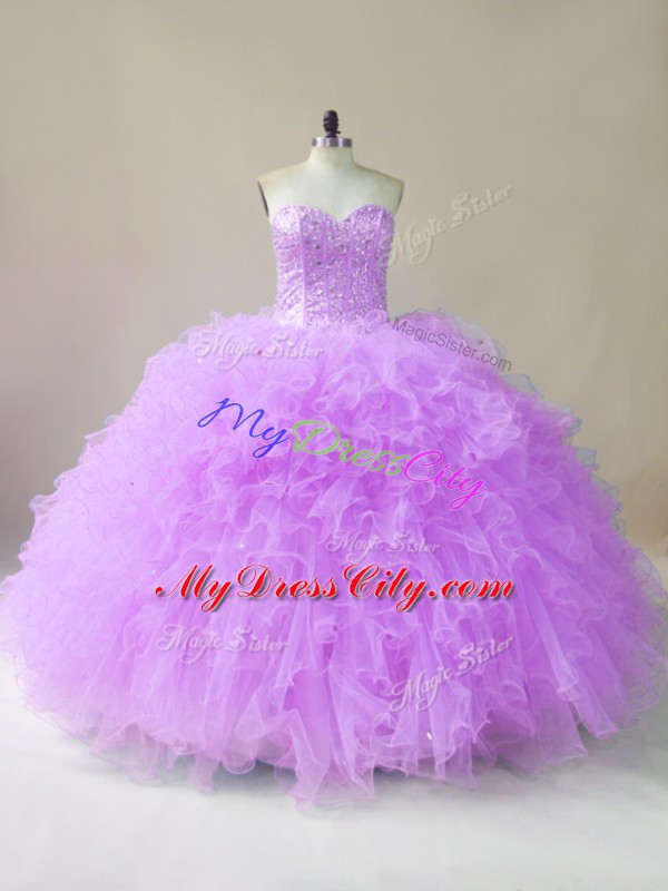 Customized Tulle Sweetheart Sleeveless Lace Up Beading and Ruffles Sweet 16 Dress in Lilac