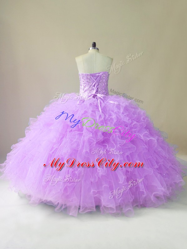 Customized Tulle Sweetheart Sleeveless Lace Up Beading and Ruffles Sweet 16 Dress in Lilac