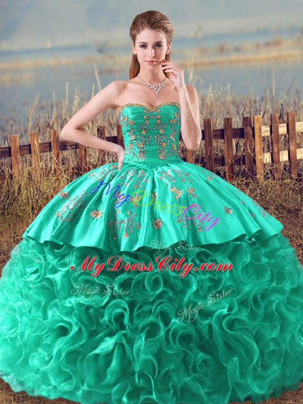 Best Selling Fabric With Rolling Flowers Sweetheart Sleeveless Brush Train Lace Up Embroidery and Ruffles 15th Birthday Dress in Turquoise