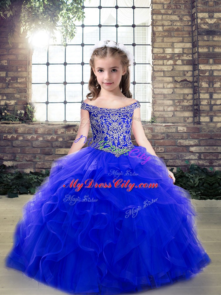 Custom Designed Royal Blue Ball Gowns Tulle Off The Shoulder Sleeveless Beading and Ruffles Floor Length Lace Up Little Girls Pageant Dress Wholesale