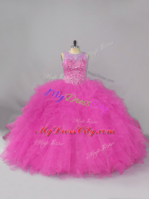 Free and Easy Fuchsia Scoop Neckline Beading and Ruffles Quince Ball Gowns Sleeveless Lace Up