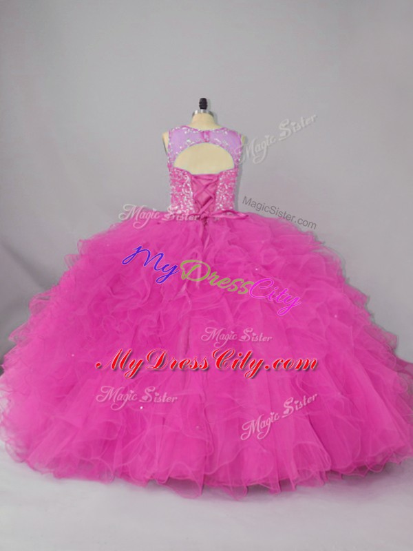 Free and Easy Fuchsia Scoop Neckline Beading and Ruffles Quince Ball Gowns Sleeveless Lace Up