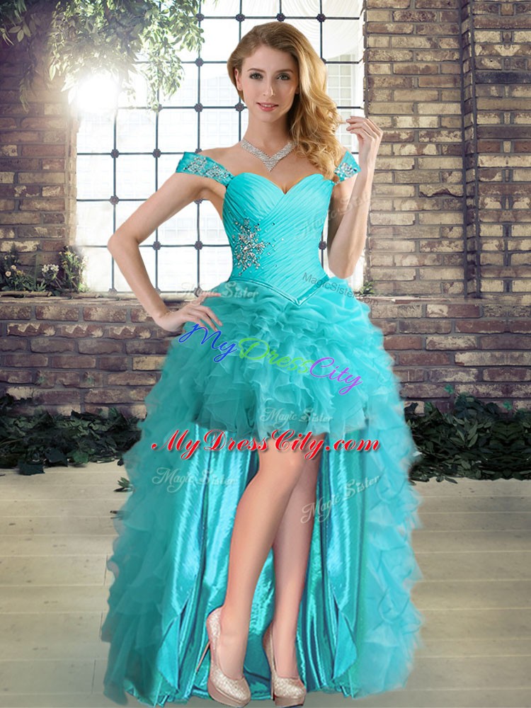 Artistic Off The Shoulder Sleeveless Homecoming Dress High Low Beading and Ruffles Aqua Blue Organza