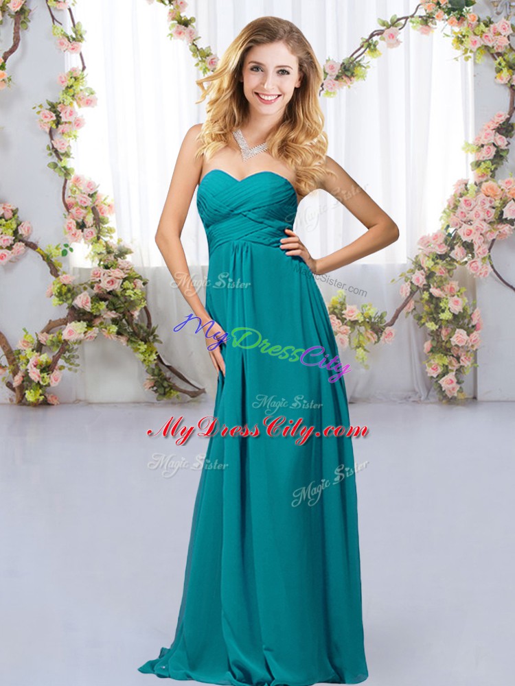 Perfect Teal Sleeveless Floor Length Beading Criss Cross Dama Dress for Quinceanera