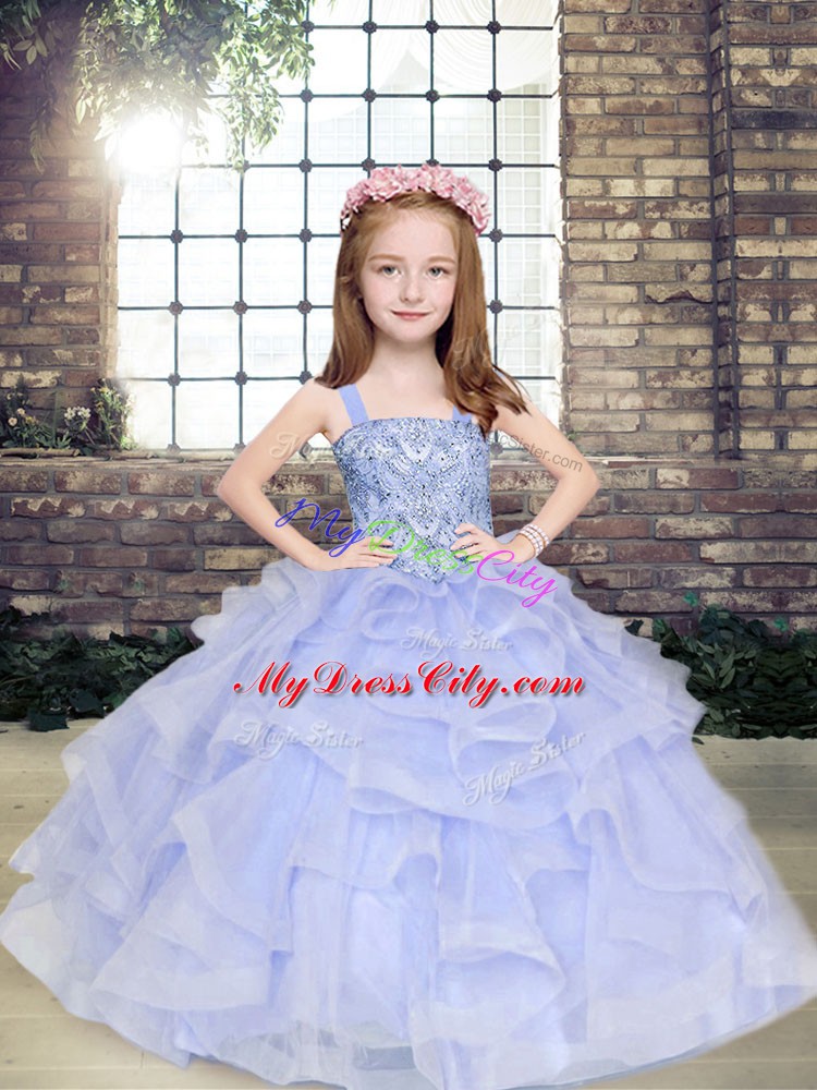 Fantastic Lavender Kids Formal Wear Party and Wedding Party with Beading and Ruffles Straps Sleeveless Lace Up