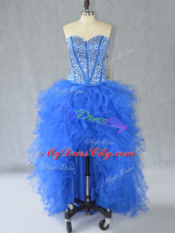 Inexpensive Blue Sleeveless Organza Lace Up Prom Party Dress for Prom and Party