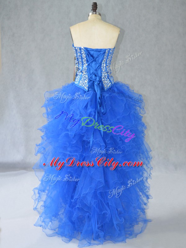 Inexpensive Blue Sleeveless Organza Lace Up Prom Party Dress for Prom and Party