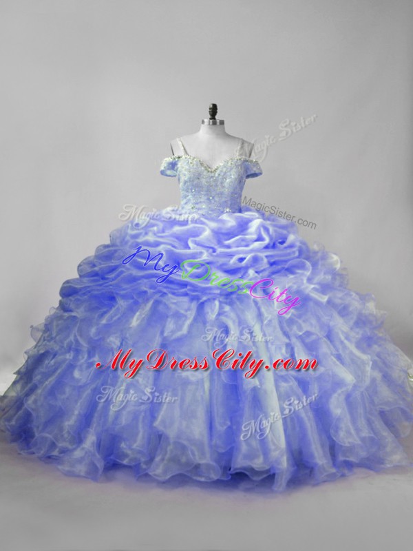 Latest Straps Sleeveless Quince Ball Gowns Brush Train Beading and Ruffles and Pick Ups Lavender and Purple Organza