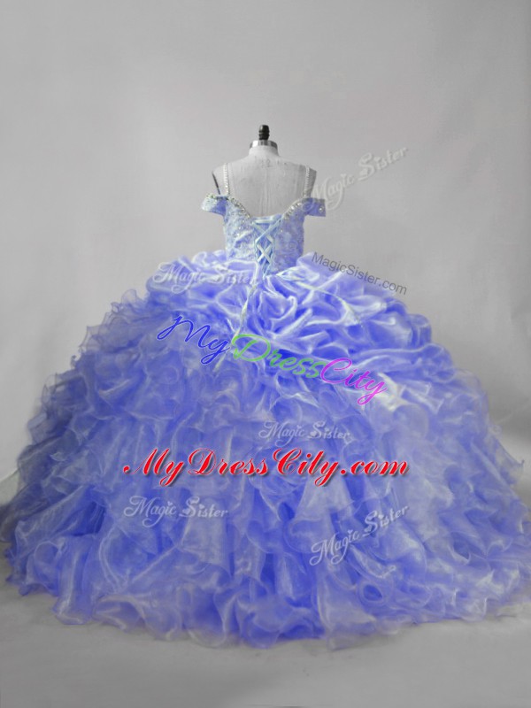 Latest Straps Sleeveless Quince Ball Gowns Brush Train Beading and Ruffles and Pick Ups Lavender and Purple Organza