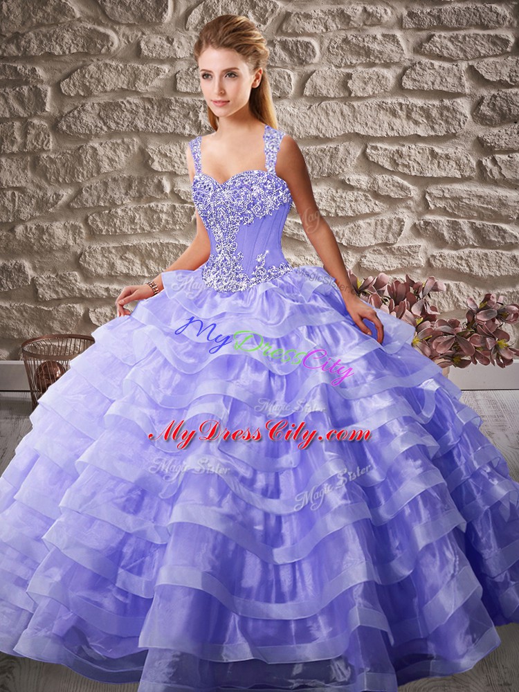 Fabulous Lavender Quinceanera Dresses Organza Court Train Sleeveless Beading and Ruffled Layers