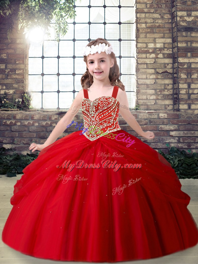 Beauteous Sleeveless Tulle Floor Length Lace Up Little Girls Pageant Dress Wholesale in Red with Beading